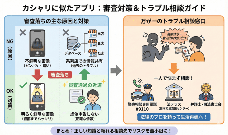カシャリに似たアプリの審査落ち対策とトラブル相談先