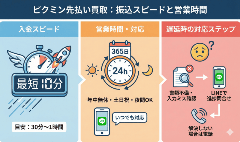 ピクミン先払い買取の振込スピードと営業時間