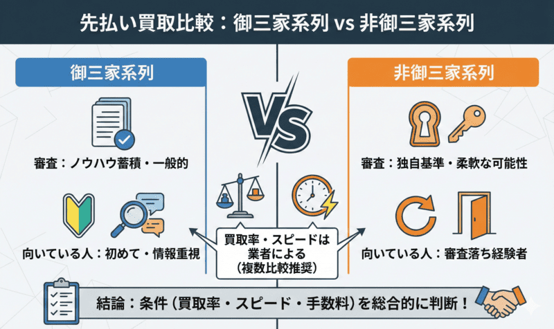 先払い買取の御三家系列と非御三家の違いを比較