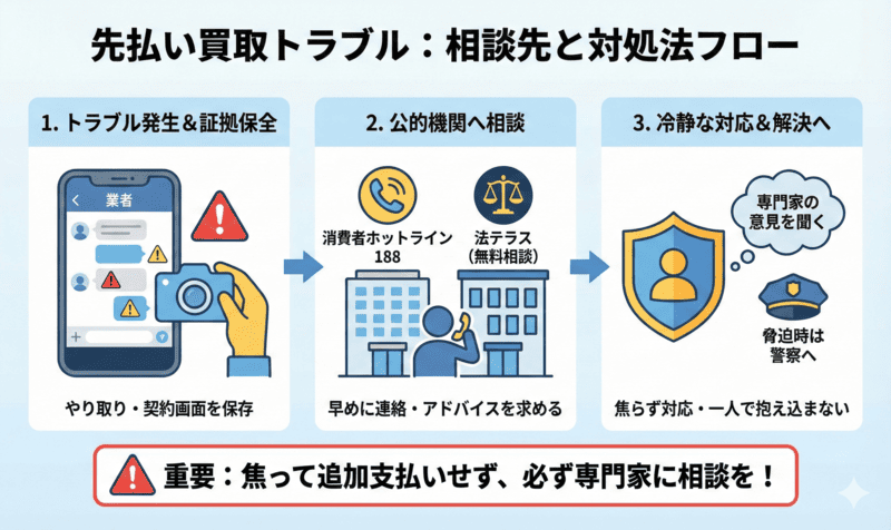 先払い買取の御三家系列でトラブル時の相談先と対処法