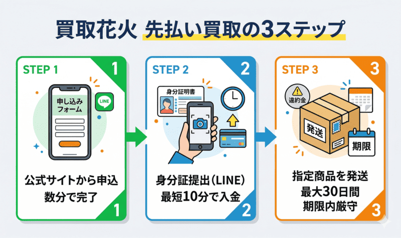 買取花火の先払い買取の申し込みから入金までの流れ